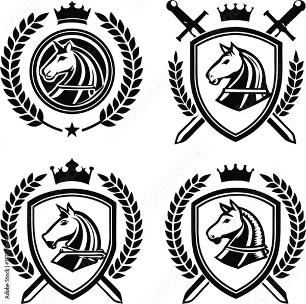 Obraz Heraldic Horse Crests with Shields Swords Crowns and Laurel Wreaths