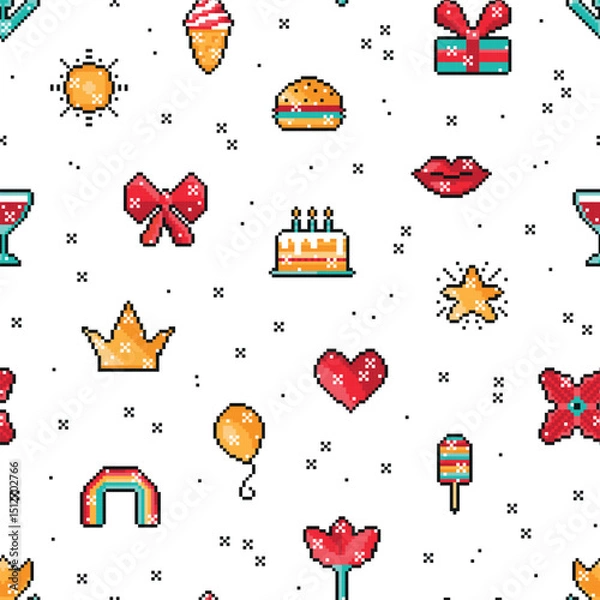 Fototapeta Happy Birthday Seamless Pattern. Pixel Art Cute Birthday Party Items. 8 bit pixel icons Festive Background. Vector illustration