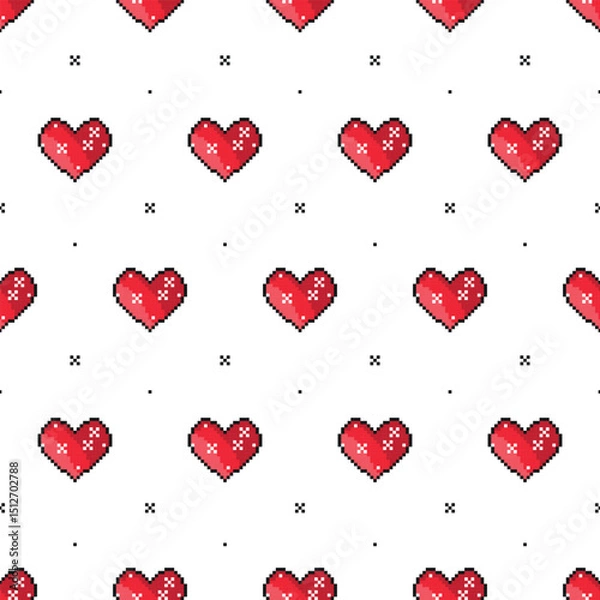 Fototapeta Pixel Art Seamless Pattern with Red Heart. Love Holiday Background with 8 bit pixel Hearts for Valentine's day or Birthday. Vector illustration