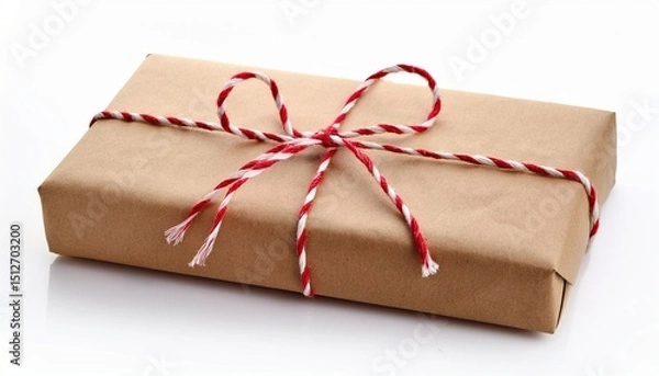 Fototapeta brown paper gift with red and white twine isolated on white background