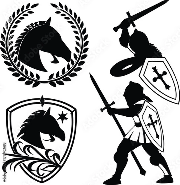 Obraz Medieval Knight Silhouettes with Horse Crests and Shields in Black and White