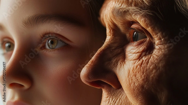 Fototapeta Close-up of two faces side by side: one youthful, one aged, both in soft light