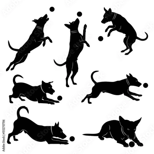 Fototapeta Set of dynamic dog silhouettes playing with balls in various action poses