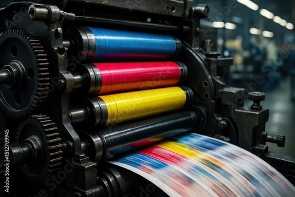 Fototapeta Industrial Offset Printing Press in Full Operation Detailed Close Up of Rollers and Color Ink Application in a Bustling Publishing House