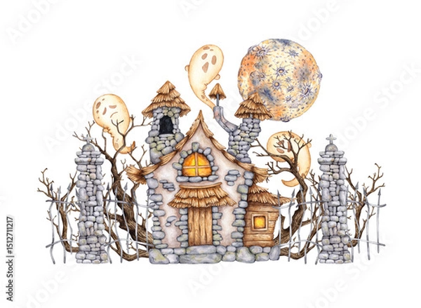Fototapeta Castle old stone, with thatched roof, moon, dry trees, ghosts and fence watercolor illustration. Isolated from background. Suitable for Halloween decoration, scary stories and mystical design.