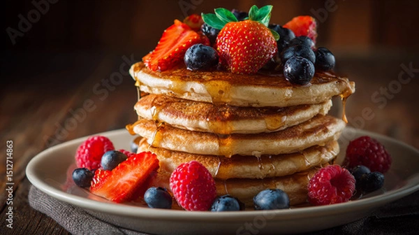 Fototapeta Delicious pancakes topped with fresh berries and syrup on a plate