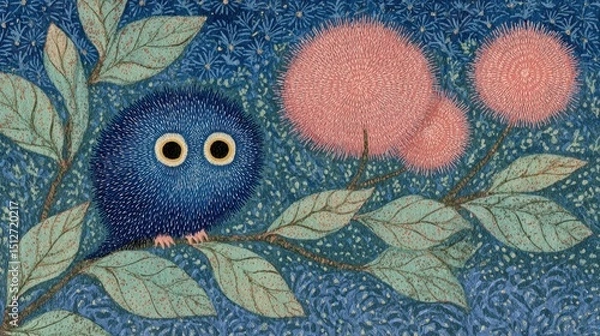 Fototapeta Cute blue owl perched on a branch with pink flowers in a whimsical garden setting at dusk