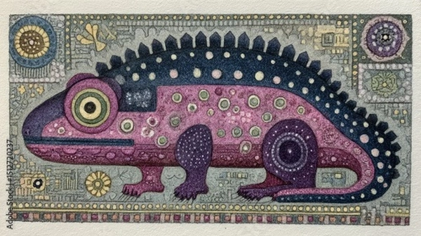 Fototapeta A detailed illustration of a reptile featuring vivid colors and intricate patterns. The artwork combines elements of nature with artistic design, creating a unique visual experience.