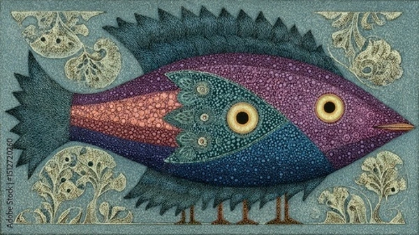 Fototapeta A vibrant decorative fish design showcases intricate patterns and vivid colors, resting against a textured background. This artwork highlights creativity through bold artistry.