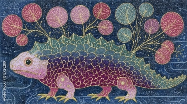Fototapeta A fantastical creature with vibrant scales and spikes stands against a deep blue backdrop. Colorful orbs representing flora float above its back, creating a surreal atmosphere at twilight.
