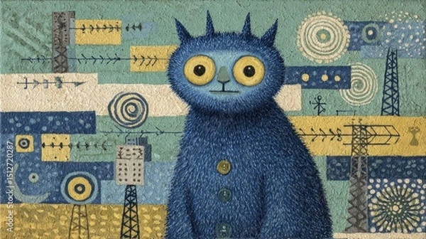 Fototapeta A whimsical blue cat-like creature with large yellow eyes sits against a vibrant backdrop filled with an array of geometric shapes and patterns. The artwork evokes a playful atmosphere.