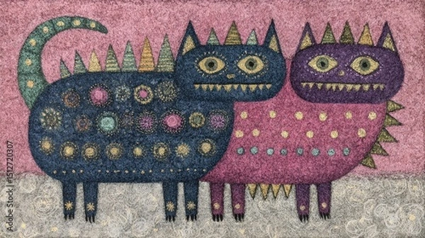 Fototapeta Vibrant and playful art showcases two stylized cats, one dark blue with dots and spikes and another pink with similar features, set against a soft pastel backdrop.