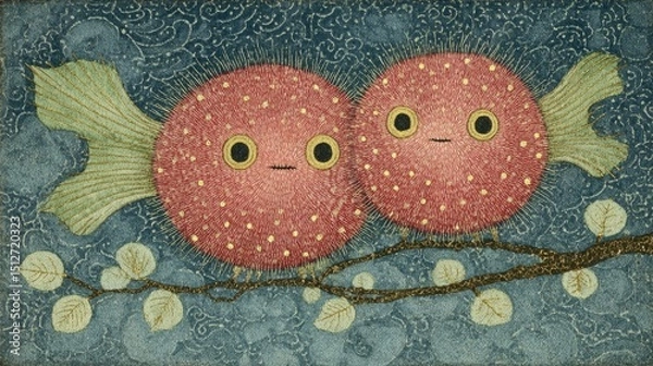 Fototapeta Two whimsical fish with vibrant colors and oversized eyes sit together on a delicate branch. The enchanting blue backdrop adds depth, creating a playful and charming atmosphere.