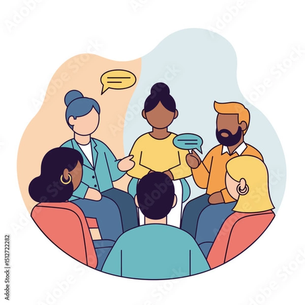 Fototapeta Group Therapy Session: An illustrated scene of individuals engaged in a therapeutic session, fostering open dialogue and mutual support.
