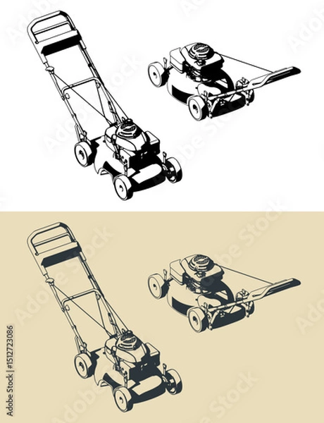 Fototapeta Hand push self-propelled lawn mower stylized illustrations