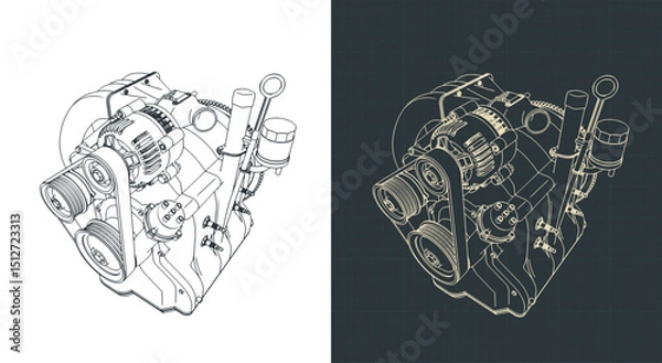 Fototapeta Wankel rotary engine isometric blueprints