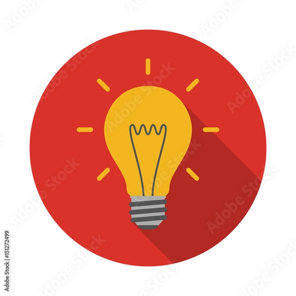Fototapeta Light bulb circle icon with long shadow. Flat design style. Light bulb simple silhouette. Modern, minimalist, round icon in stylish colors. Web site page and mobile app design vector element.