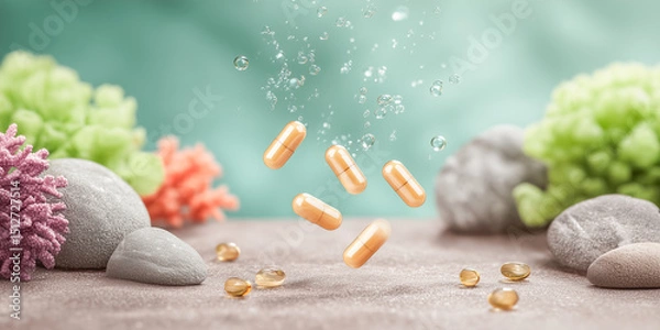 Fototapeta Marine collagen capsules and fish oil pills are falling on a surface with rocks and corals. Creating a visually appealing scene that promotes the benefits of healthy supplements for overall wellness.