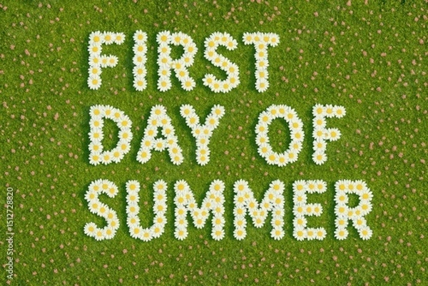 Fototapeta First day of summer poster made of daisies in a meadow – a postcard created by nature and artificial intelligence