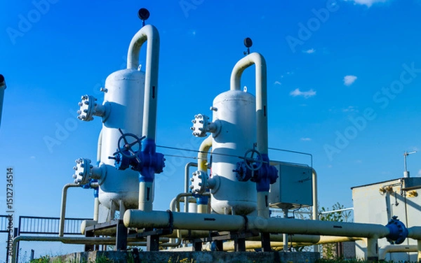 Fototapeta Two large gas processing units with valves and piping stand prominently against a bright blue sky at a manufacturing site during the day
