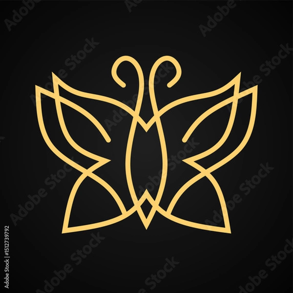 Obraz Elegant Golden Line Art Butterfly Logo on Black Background