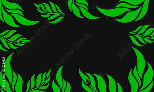Obraz Green Leaf Frame on Black Background Decorative Nature Border Design