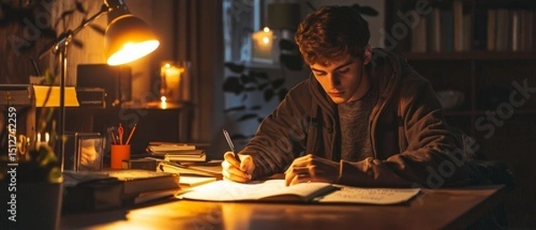 Fototapeta Lifestyle portrait daily life home nighttime study session desk lamp glow focused student open notebook handwritten notes authentic dedication storytelling soft shadows depth clarity tranquil