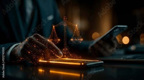 Fototapeta Legal Technology in Action Hand Interacting with Digital Scales of Justice on Smartphone