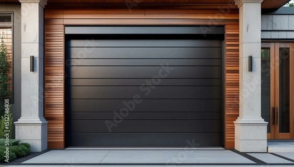 Obraz Modern residential home entrance with black roll-up garage door. Exterior facade with wooden siding and stone columns. Closed shutter protects home. Urban architecture detail.