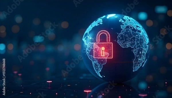 Obraz Glowing Red Lock on Digital Globe Representing Cybersecurity Concepts and Data Protection Technology

