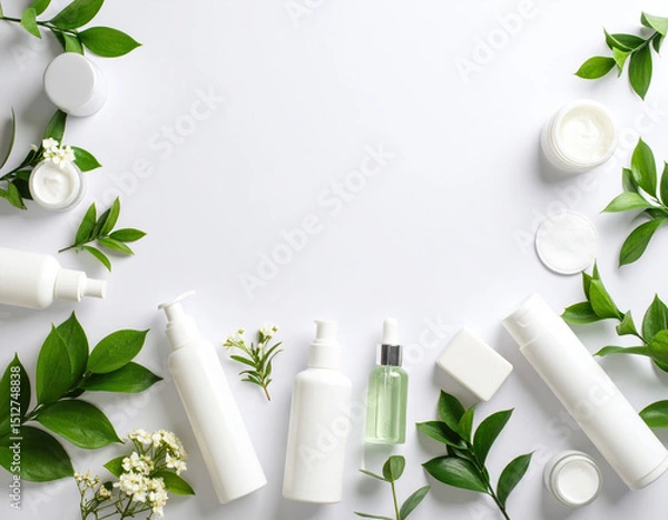 Obraz Minimalist tableau featuring various body care products, including lotions, serums, and creams, surrounded by fresh green leaves and delicate flowers, creating serene and natural atmosphere