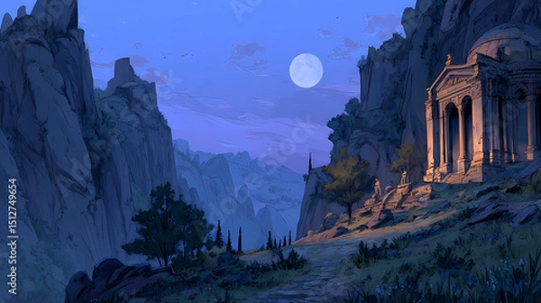Obraz background for story-driven game | nature and civilization | scientific wonder | moonlit blues and ambers | epic panorama | forgotten temples | anatomical hybrid study | classical light modeling |