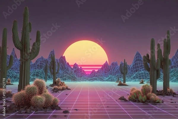 Obraz neon desert landscape with cacti and glowing sun, retro grid ground and synthwave mountains in the background