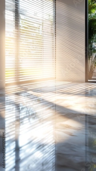 Fototapeta Sunlight filters through blinds onto a polished marble floor in a minimalist office space. generative ai