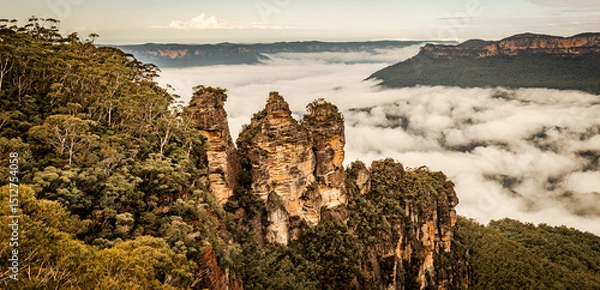 Obraz The rock formations known as The Three Sisters, in the Blue Mountains, Katoomba, New South Wales, Australia.