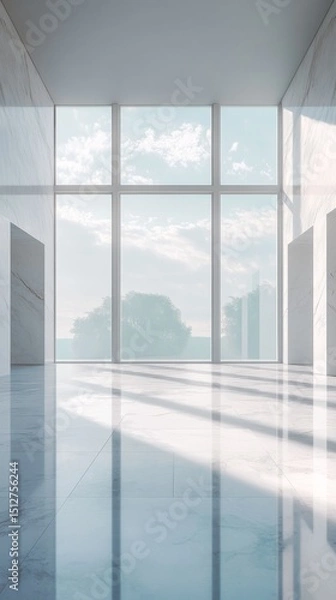 Fototapeta Sunlight filters through large windows onto a pristine marble floor in a minimalist art gallery. generative ai