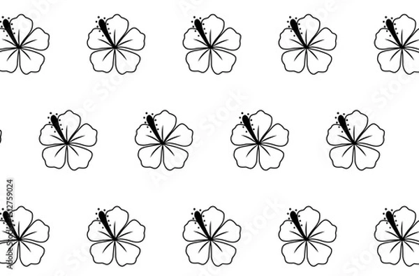 Obraz Seamless vector pattern with hand-drawn hibiscus flowers in black and white outline style. Ideal for tropical textile prints, packaging, wallpaper, branding, and summer-themed surface designs.