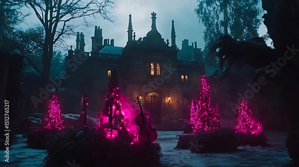Obraz Festive Night Scene with Illuminated Castle and Decorated Christmas Trees