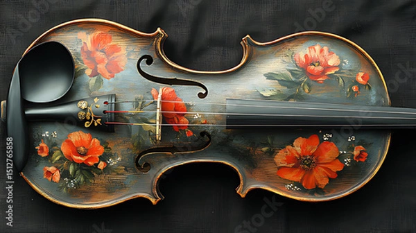 Obraz Close-Up of a Painted Violin Featuring Vibrant Red Flowers on Black Canvas