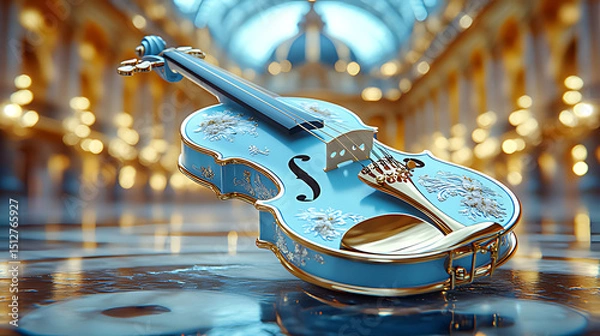 Obraz Elegant Blue Violin with Ornate Golden Details in Luxurious Interior