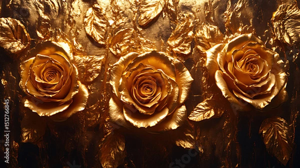 Obraz Luxurious Golden Roses With Metallic Leaves on Reflective Background