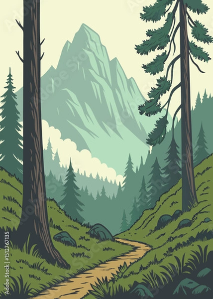 Fototapeta Serene Mountain Landscape Illustration with Hiking Trail Evergreen Trees and Misty Peaks perfect for outdoor adventure nature and travel themed designs and promotional materials