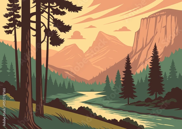 Fototapeta Stylized Landscape Illustration of a Mountain River Valley with Evergreen Trees Cliffs and a Warm Sky Evoking a Sense of Adventure and Natural Beauty in a Retro Style