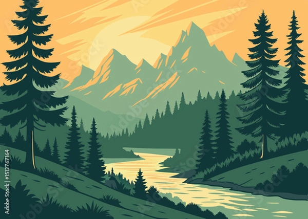 Fototapeta Scenic mountain landscape illustration featuring a winding river evergreen trees and a warm sunset rendered in a stylized vector art style with a muted color palette