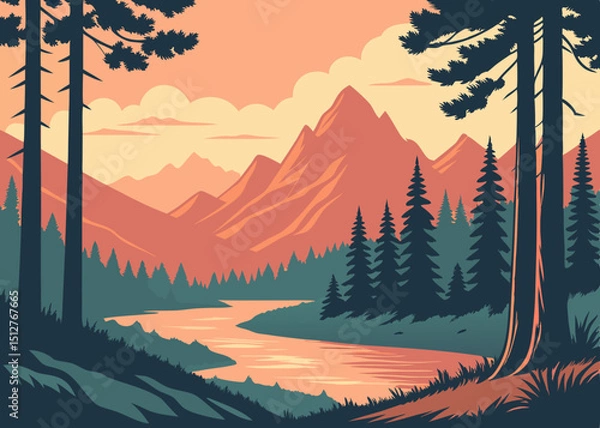 Fototapeta Serene Mountain Landscape with River and Forest Vector Illustration A peaceful scene featuring mountains a winding river evergreen trees and a warm sunset sky perfect for backgrounds and designs