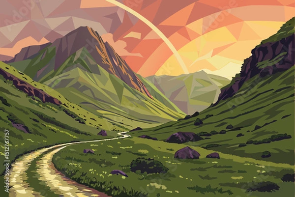 Fototapeta Low Poly Mountain Valley Landscape with Winding Road Green Grass and a Colorful Sky at Sunset creating a serene and artistic outdoor scene with geometric shapes