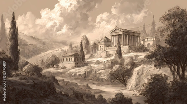 Obraz classic book cover background | Arcadian memory | melancholic harmony | ochre and azure | sun-centered alignment | classical temples | soft architectural silhouette | chiaroscuro layering |