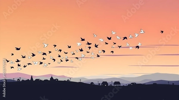Fototapeta Flock of birds flying over landscape at sunset, symbolizing freedom, migration, and hope for World Refugee Day