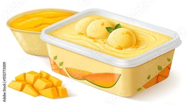 Fototapeta A tub of mango ice cream with a bowl of mango puree and chunks