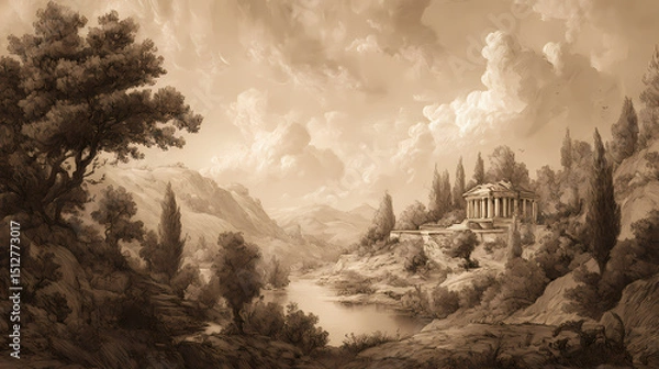 Obraz museum print reproduction | eternal nature | sublime calm | ochre and azure | centralized radiance | classical temples | horizon framing | atmospheric perspective | mythological countryside |